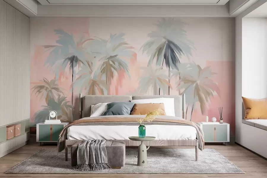 fototapet Abstract minimalist pastel palmieri tropicali, pe un fundal de nuanțe moi de roz și piersică w09212