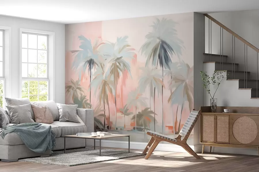 fototapet Abstract minimalist pastel palmieri tropicali, pe un fundal de nuanțe moi de roz și piersică w09212
