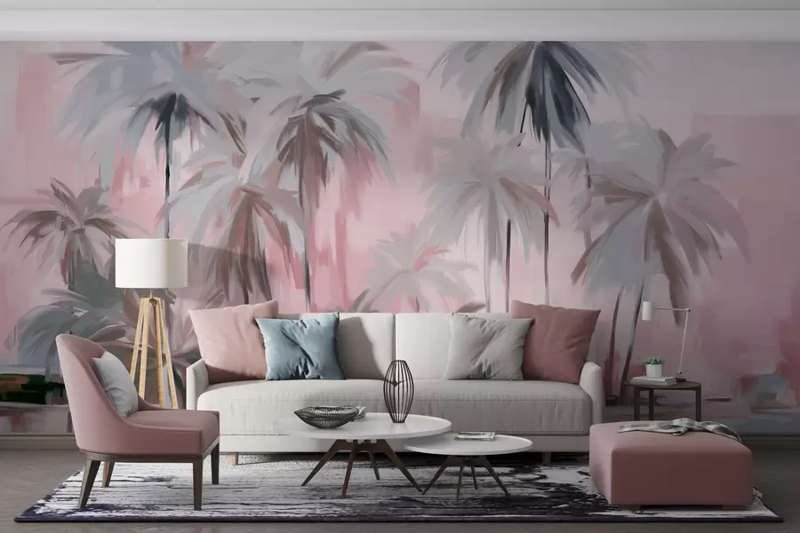 fototapet Abstract minimalist pastel palmieri tropicali, pe un fundal de nuanțe mute roz și gri w09212v1
