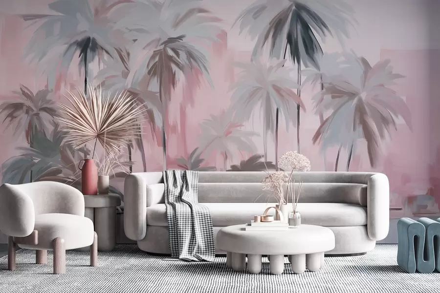 fototapet Abstract minimalist pastel palmieri tropicali, pe un fundal de nuanțe mute roz și gri w09212v1
