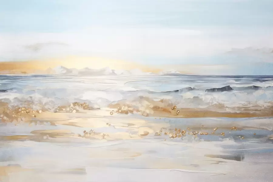 fototapet Abstract texturat peisaj ocean valuri crashing pe o plajă de nisip, culori pastelate moi, cer albastru cu nori de lumină w09234