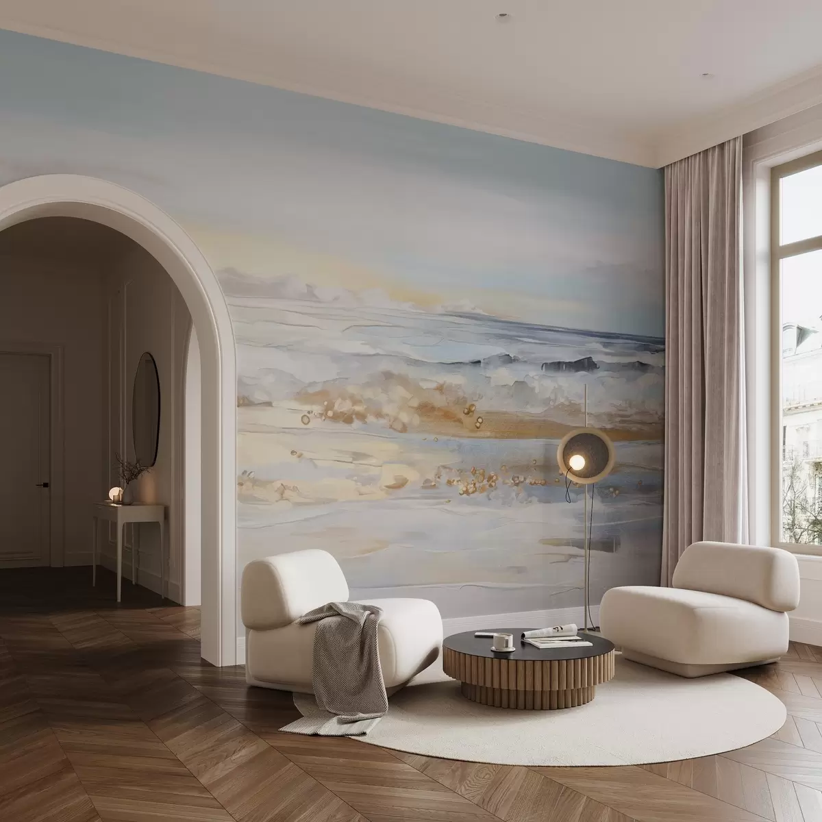 fototapet Abstract texturat peisaj ocean valuri crashing pe o plajă de nisip, culori pastelate moi, cer albastru cu nori de lumină w09234