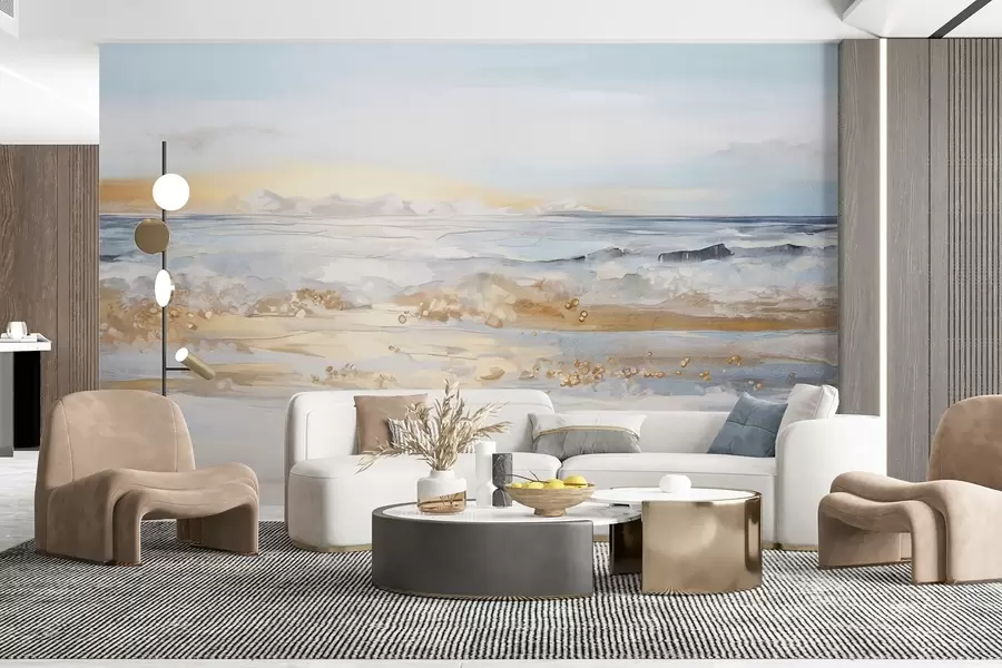 fototapet Abstract texturat peisaj ocean valuri crashing pe o plajă de nisip, culori pastelate moi, cer albastru cu nori de lumină w09234