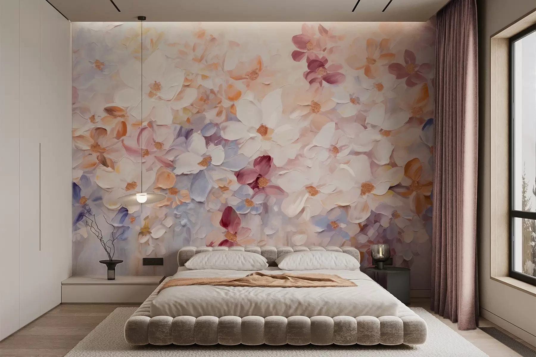 fototapet Imitație de pictură în ulei a unei grădini de flori cu flori albe, roz și portocalii, tușe moi, culori pastelate atenuate w09236