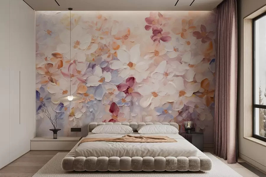 fototapet Imitație de pictură în ulei a unei grădini de flori cu flori albe, roz și portocalii, tușe moi, culori pastelate atenuate w09236