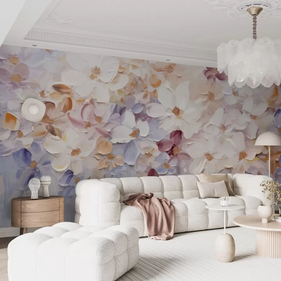 fototapet Imitație de pictură în ulei a unei grădini de flori cu flori albe, roz și portocalii, tușe moi, culori pastelate atenuate w09236