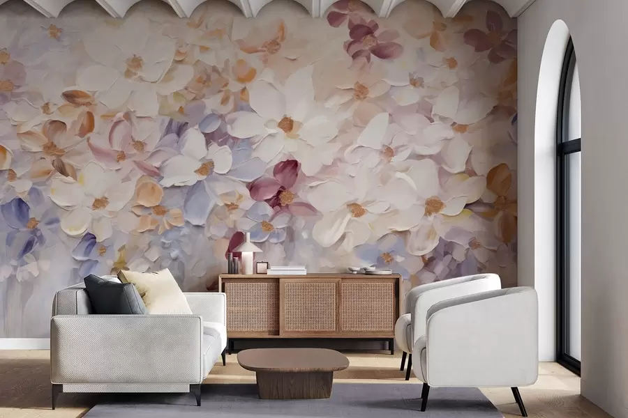 fototapet Imitație de pictură în ulei a unei grădini de flori cu flori albe, roz și portocalii, tușe moi, culori pastelate atenuate w09236