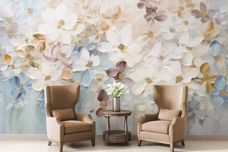 fototapet Imitație de pictură în ulei a unei grădini de flori cu flori albe, albastre și portocalii, tușe moi, culori pastelate atenuate w09236v1