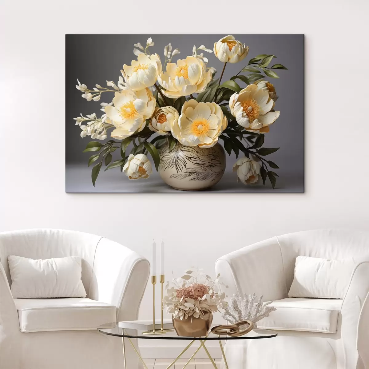 Tablouri Flori delicate cu centre galbene într-o vază cu model s44847