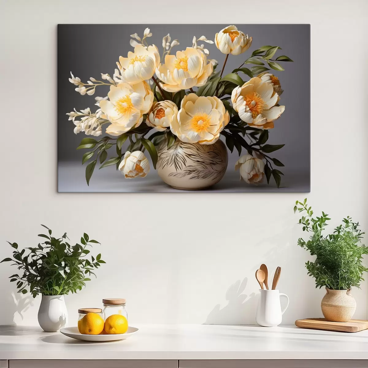 Tablouri Flori delicate cu centre galbene într-o vază cu model s44847