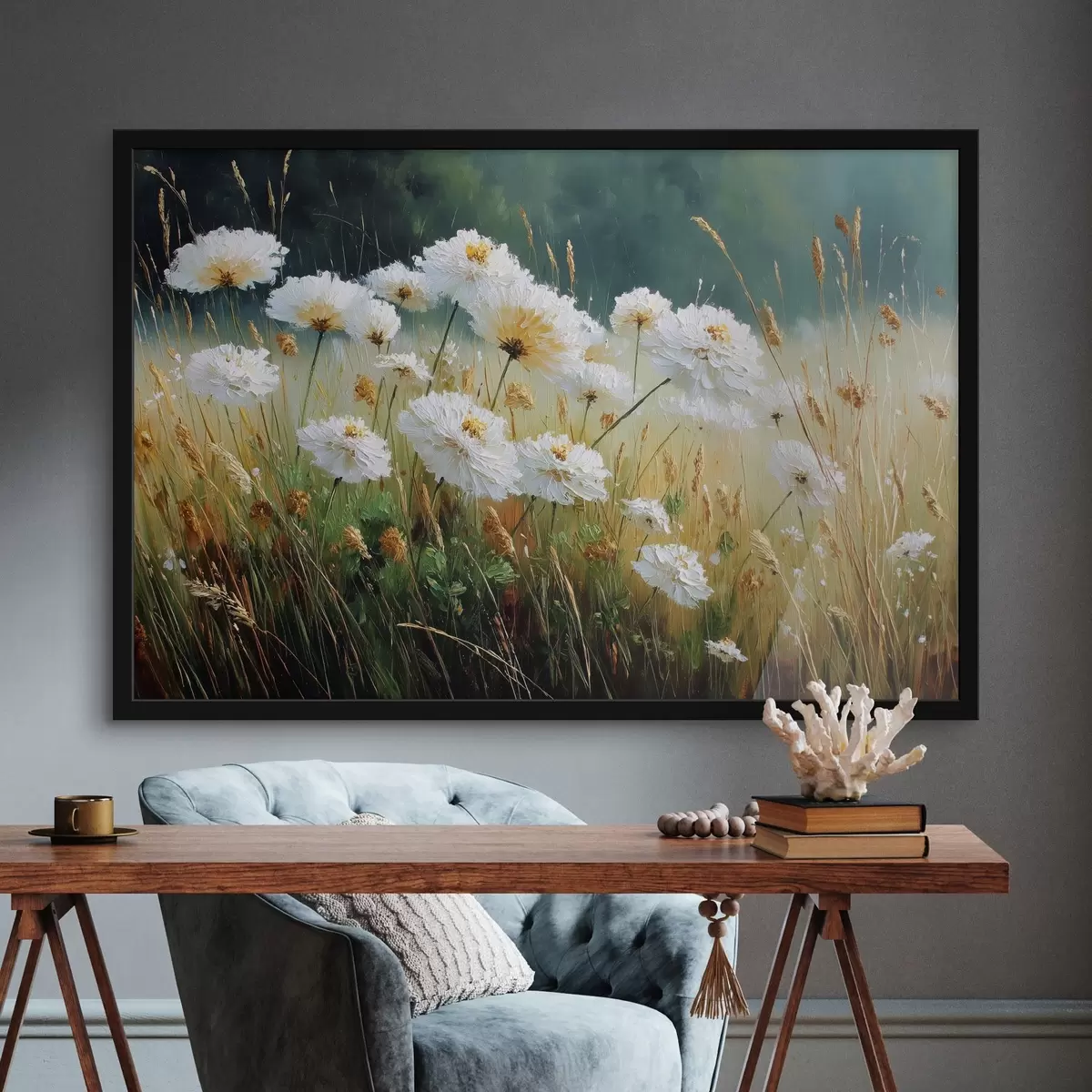 Poster Flori albe într-o pajiște în stil ulei f44842