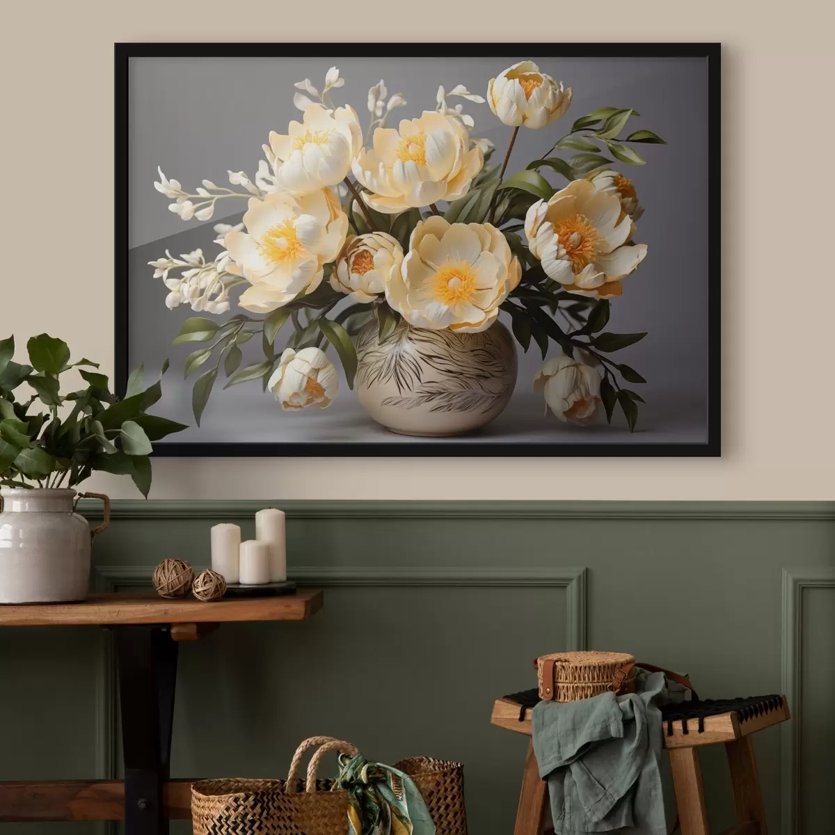 Poster Flori delicate cu centre galbene într-o vază cu model f44847