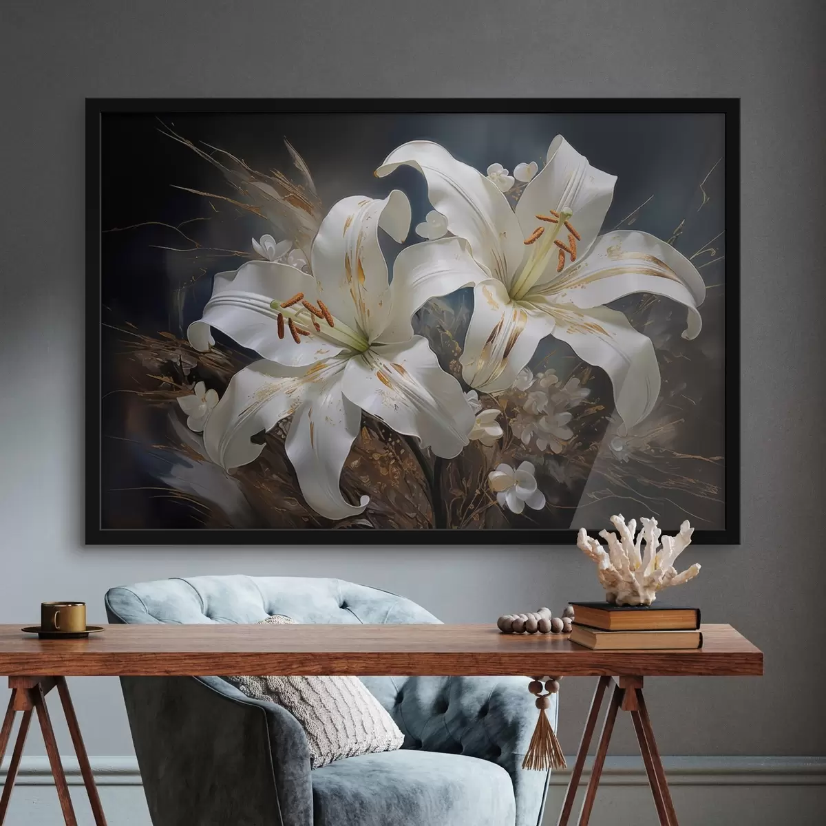 Poster Flori de crin pe un fundal întunecat cu elemente decorative f44848