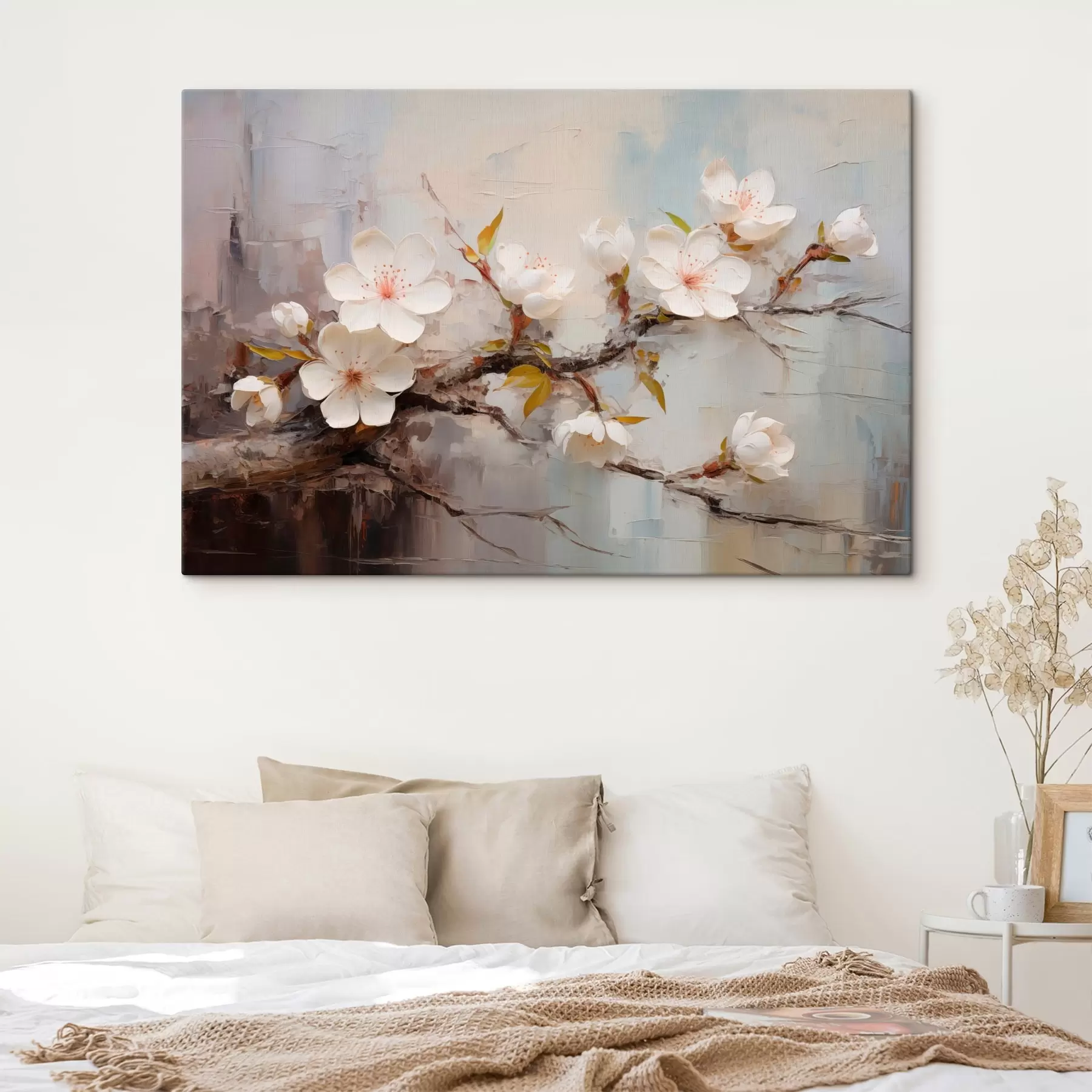 Tablouri Flori albe cu accente roz pe un fundal abstract s44935