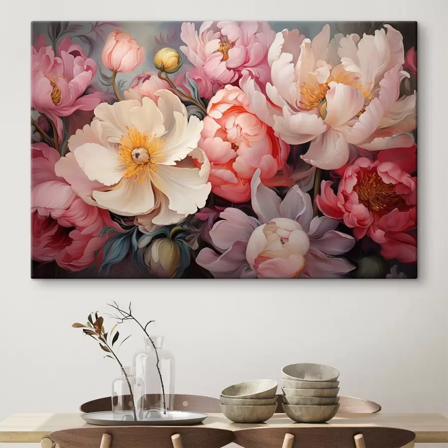Tablouri Bujorii luxuriante în nuanțe de roz în stilul picturii în ulei s44936