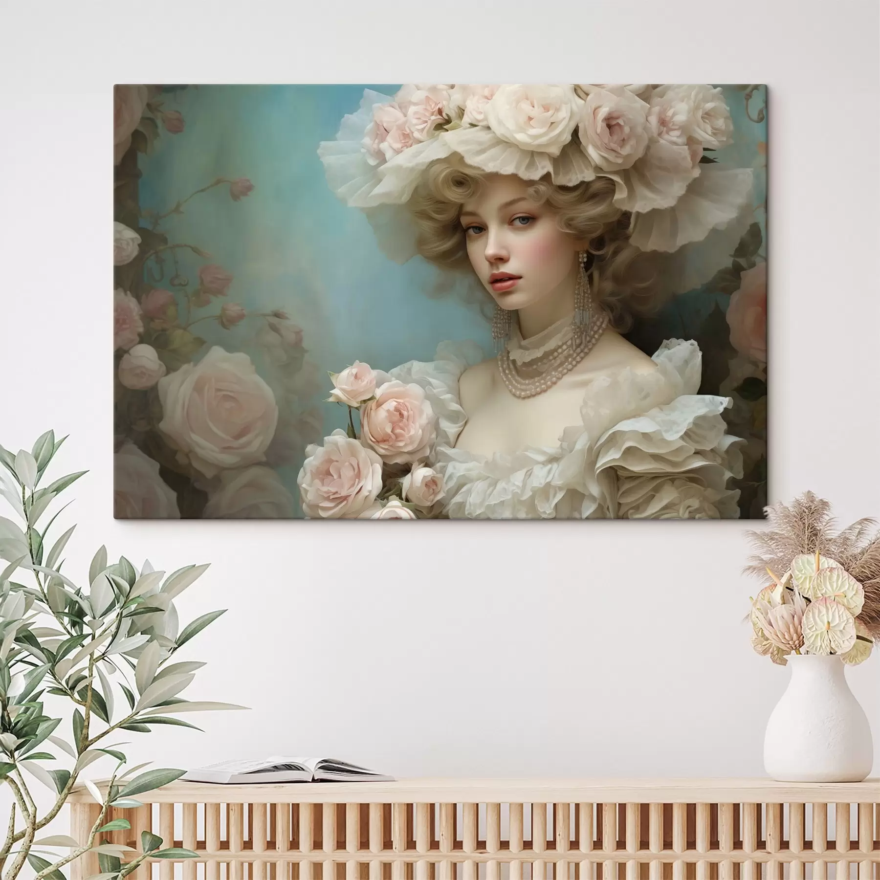 Tablouri Doamnă elegantă într-o pălărie cu flori în stil artistic s44944