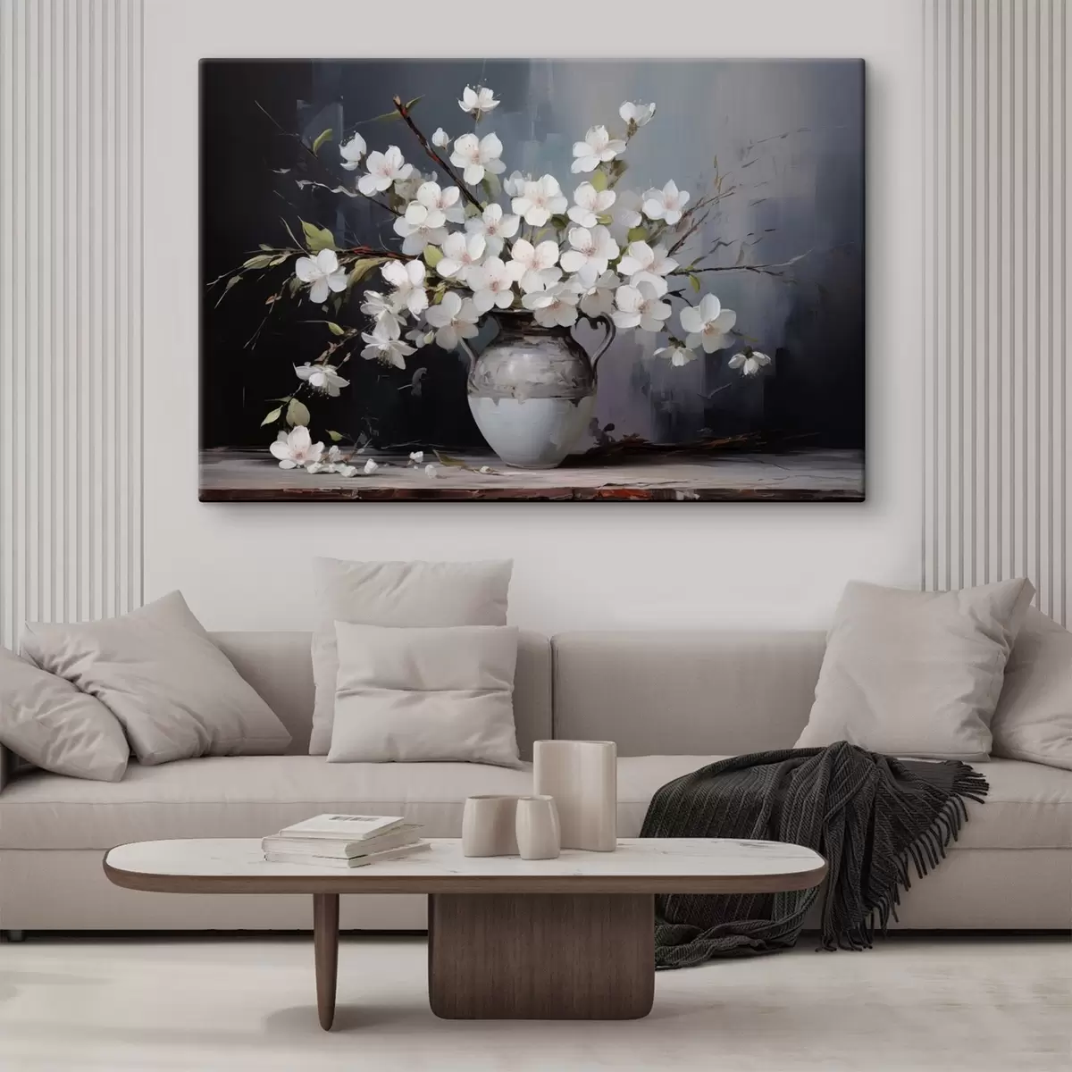 Tablouri Ramuri înflorite într-o vază pe un fundal întunecat în stil pitoresc s44949