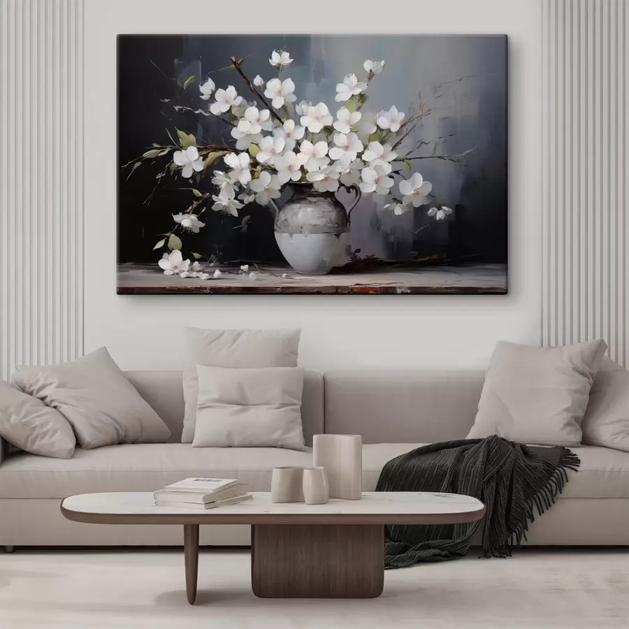 Tablouri Ramuri înflorite într-o vază pe un fundal întunecat în stil pitoresc s44949