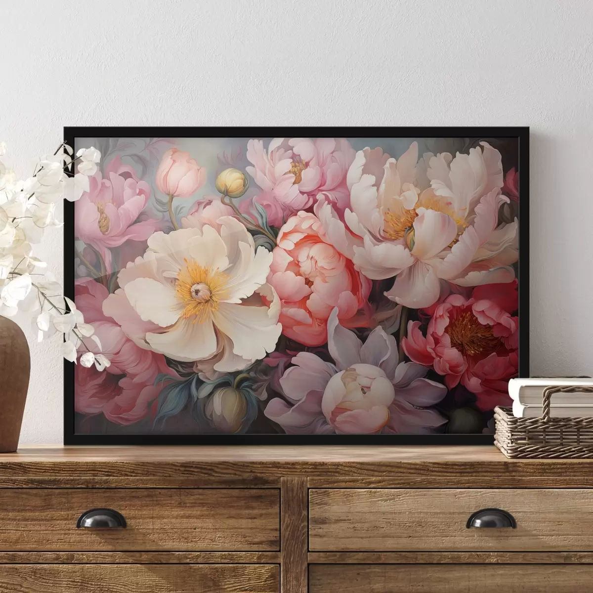 Poster Bujorii luxuriante în nuanțe de roz în stilul picturii în ulei f44936