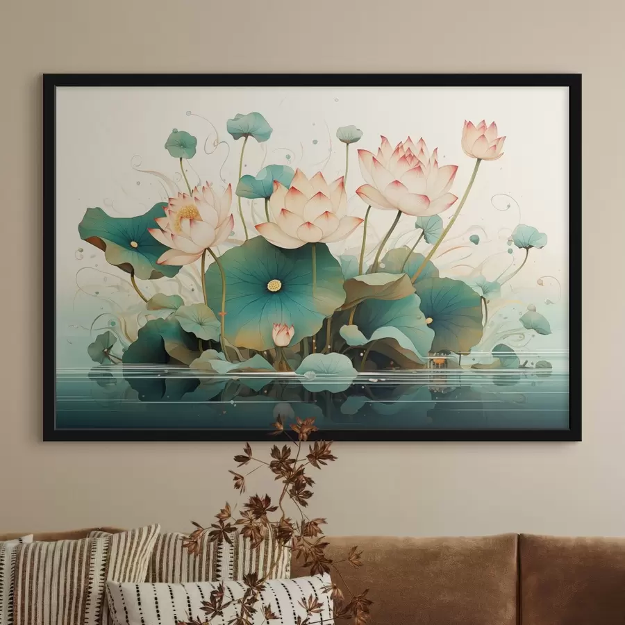 fototapet Lotus cu frunze mari în stil ilustrație f44939