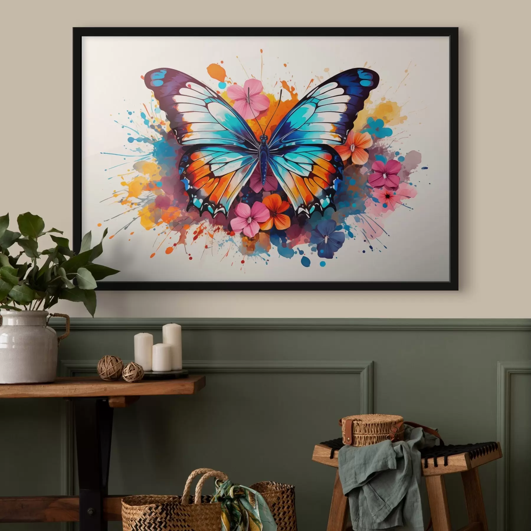 fototapet Compoziție dinamică a unui fluture și pete florale în stil artistic f44943