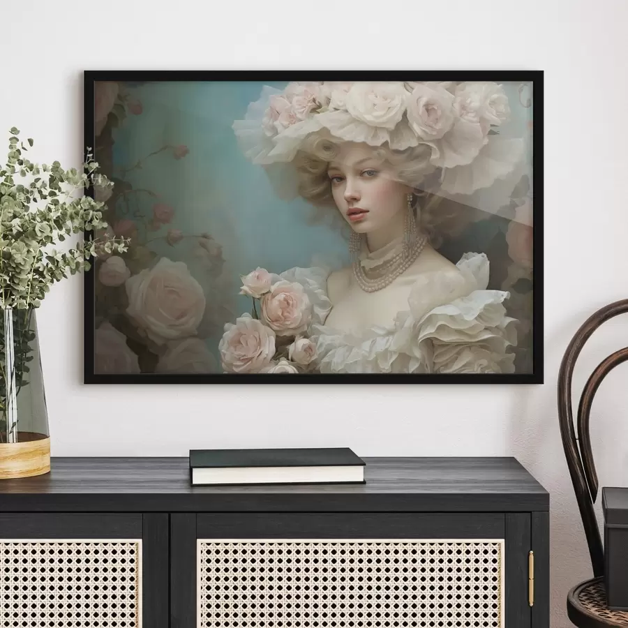 fototapet Doamnă elegantă într-o pălărie cu flori în stil artistic f44944