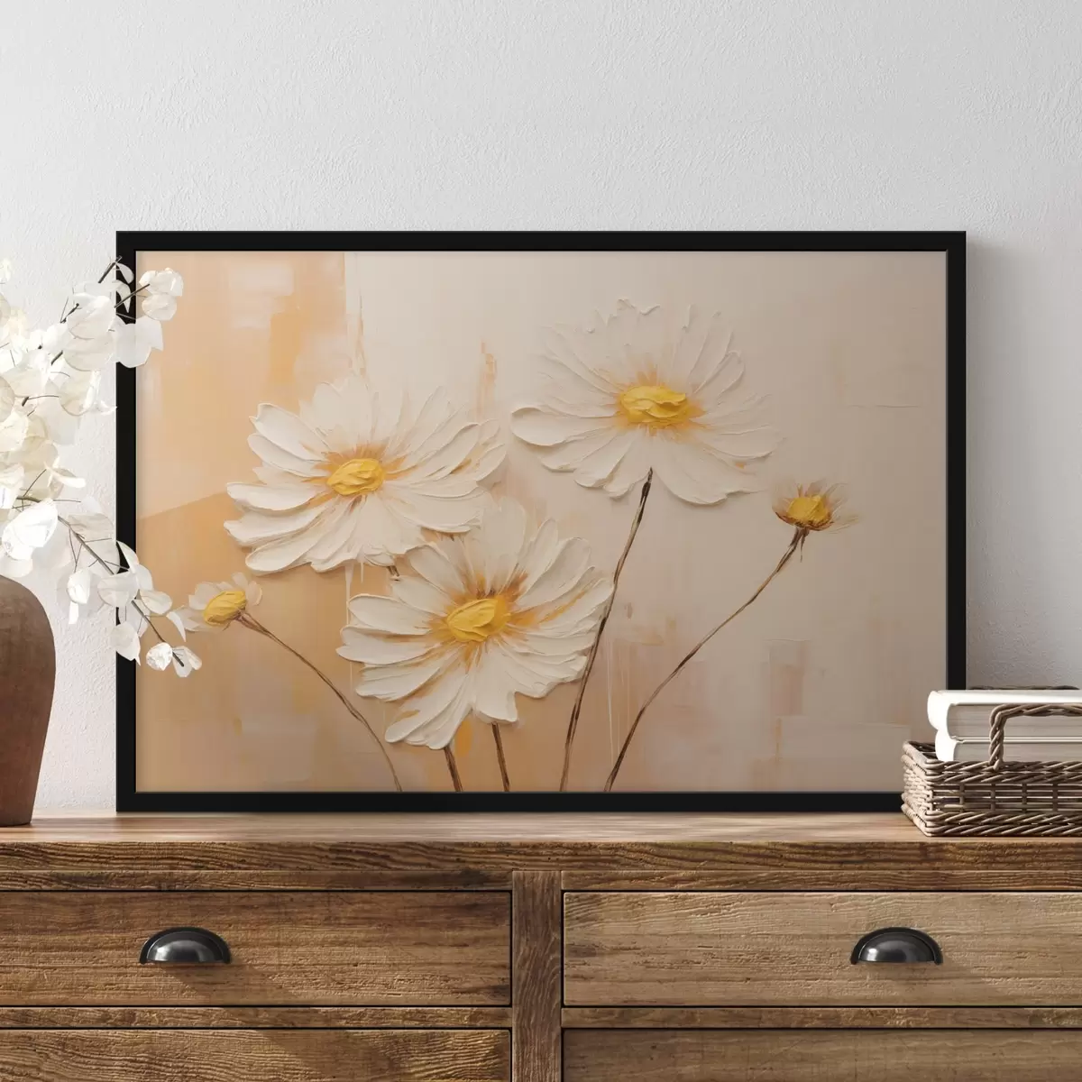 Poster Flori abstracte pe un fundal portocaliu în stil pictură în ulei f44945