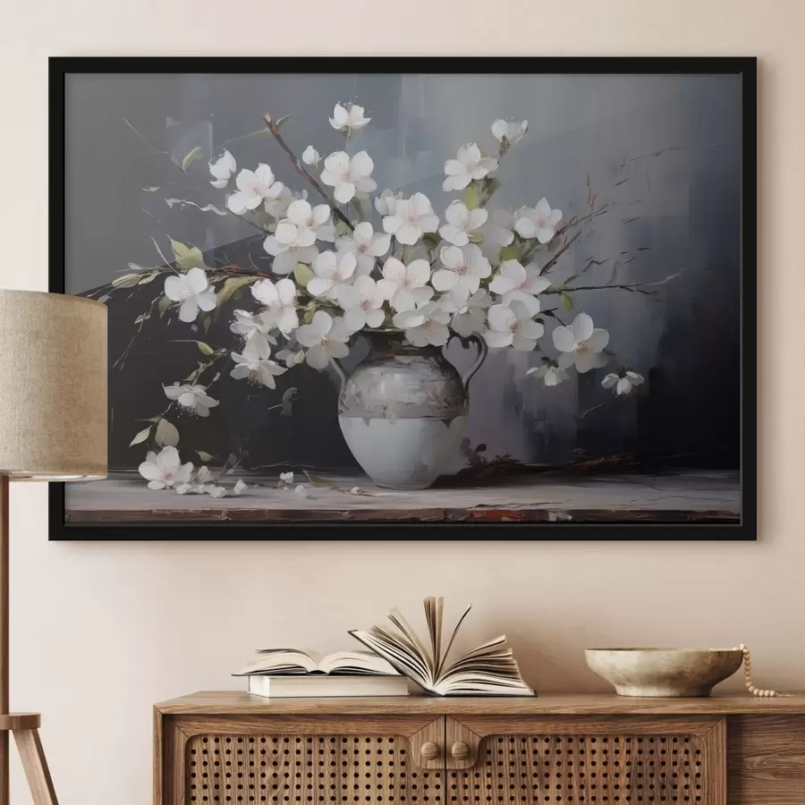 fototapet Ramuri înflorite într-o vază pe un fundal întunecat în stil pitoresc f44949