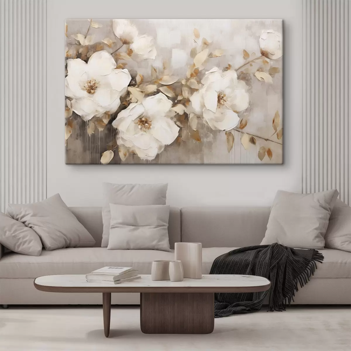 Tablouri Flori albe cu frunze maro pe un fundal bej, imitație pictură în ulei, aranjament floral, artă botanică  s44922