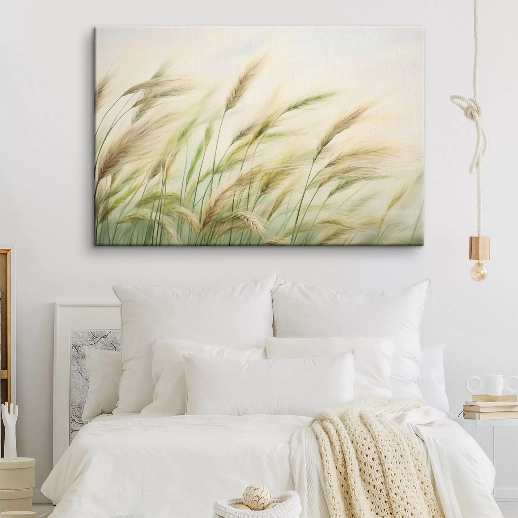 Tablouri Câmp de grâu cu spice de grâu galbene și verzi, tușe moi și o paletă de culori deschise, atmosferă naturală s44923