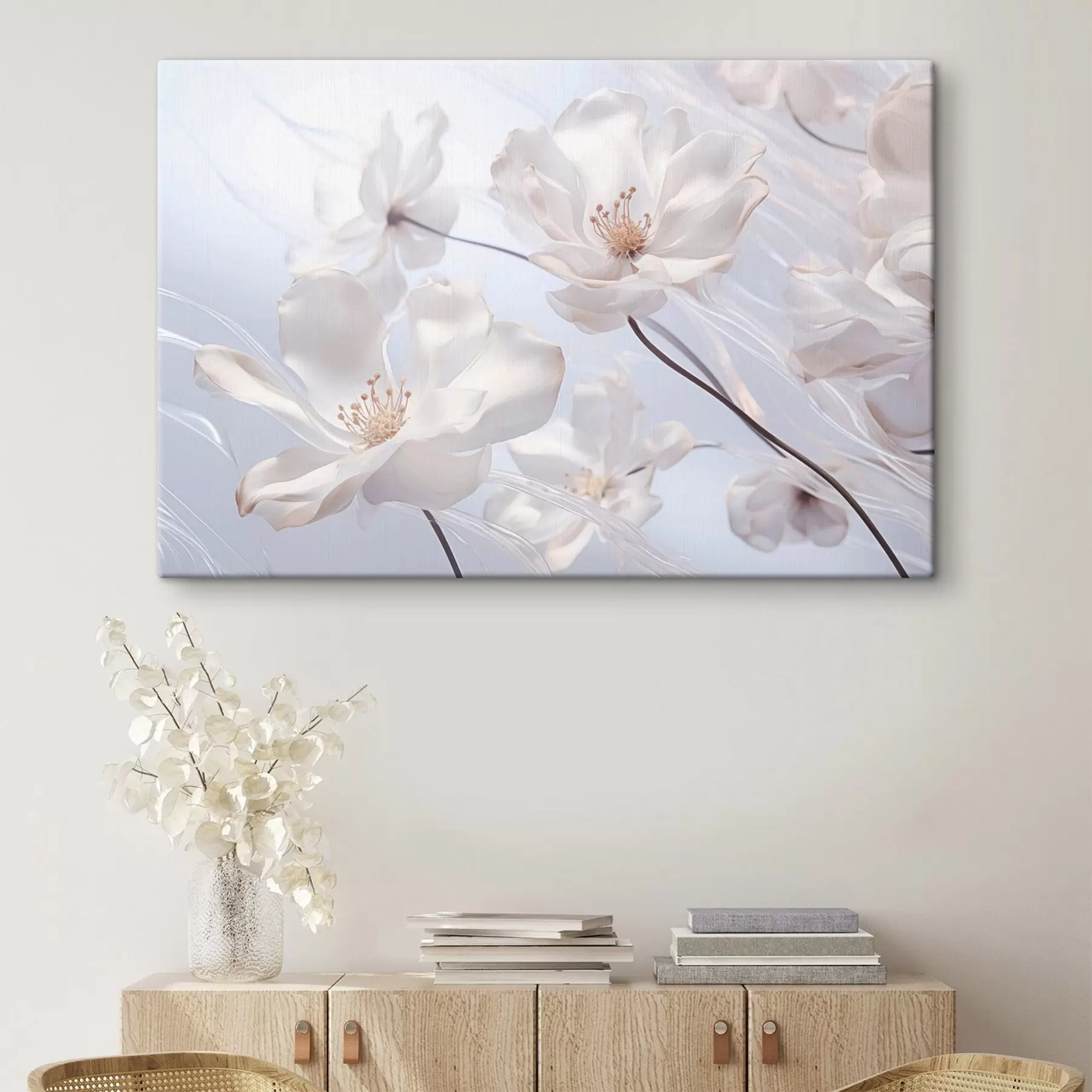 Tablouri Flori albe cu petale translucide, fundal albastru deschis moale, elegant, romantic, delicat, visător  s44931