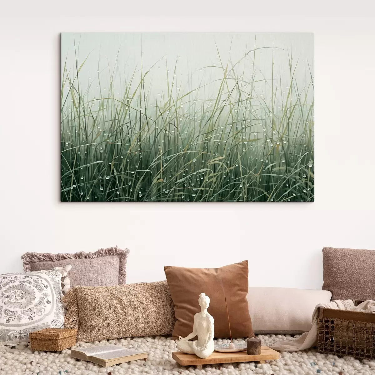 Tablouri Iarbă cu picături de apă, nuanțe verzi, lumină moale, fundal cețos, stil abstract minimalist texturat s44932