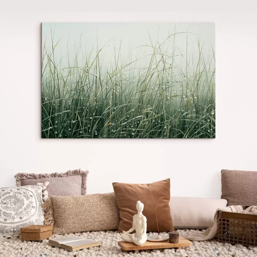 Tablouri Iarbă cu picături de apă, nuanțe verzi, lumină moale, fundal cețos, stil abstract minimalist texturat s44932