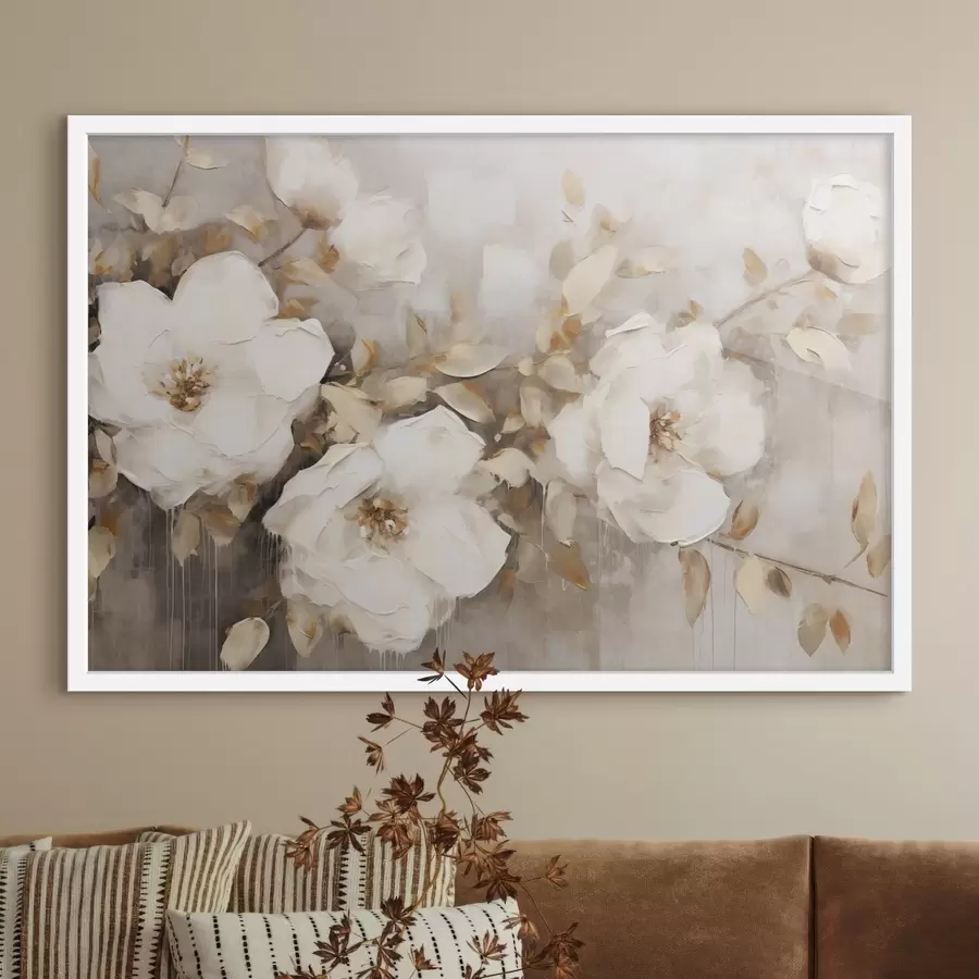 fototapet Flori albe cu frunze maro pe un fundal bej, imitație pictură în ulei, aranjament floral, artă botanică f44922