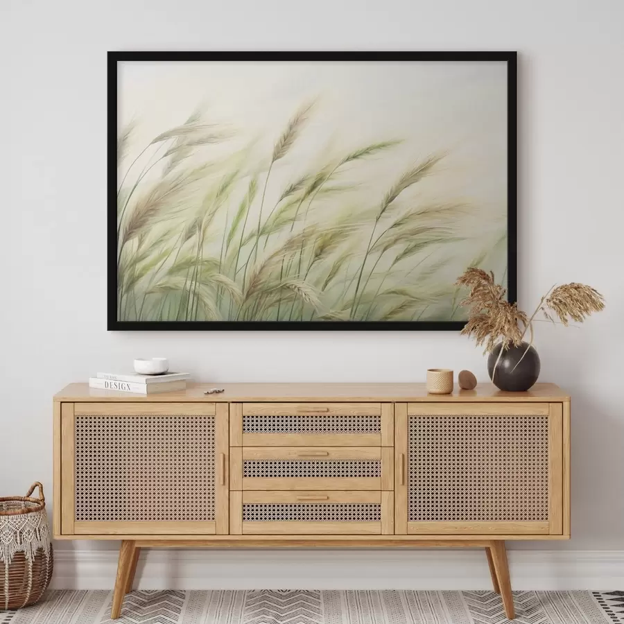 fototapet Câmp de grâu cu spice de grâu galbene și verzi, tușe moi și o paletă de culori deschise, atmosferă naturală f44923