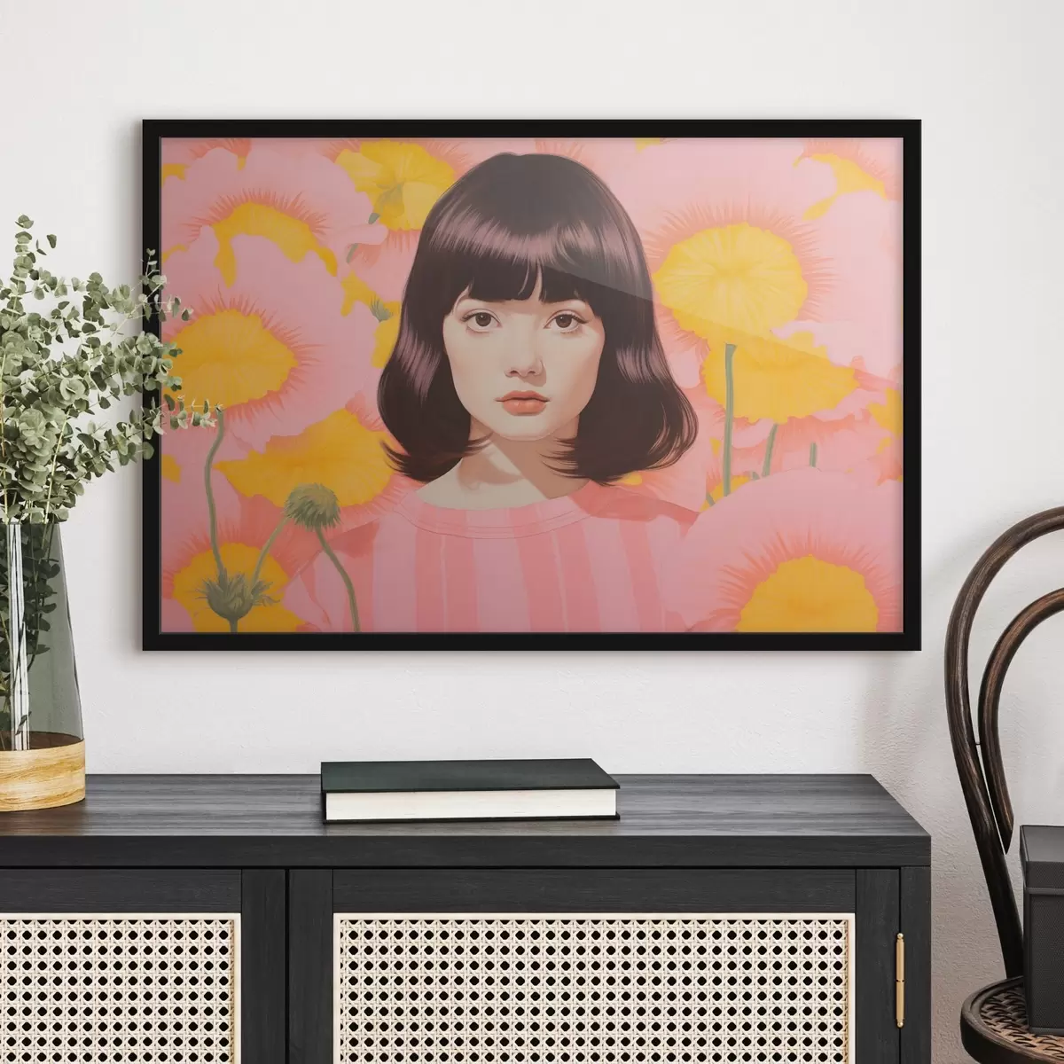 Poster Un portret minimalist decorativ al unei fete asiatice într-un câmp de flori galbene și roz f44924