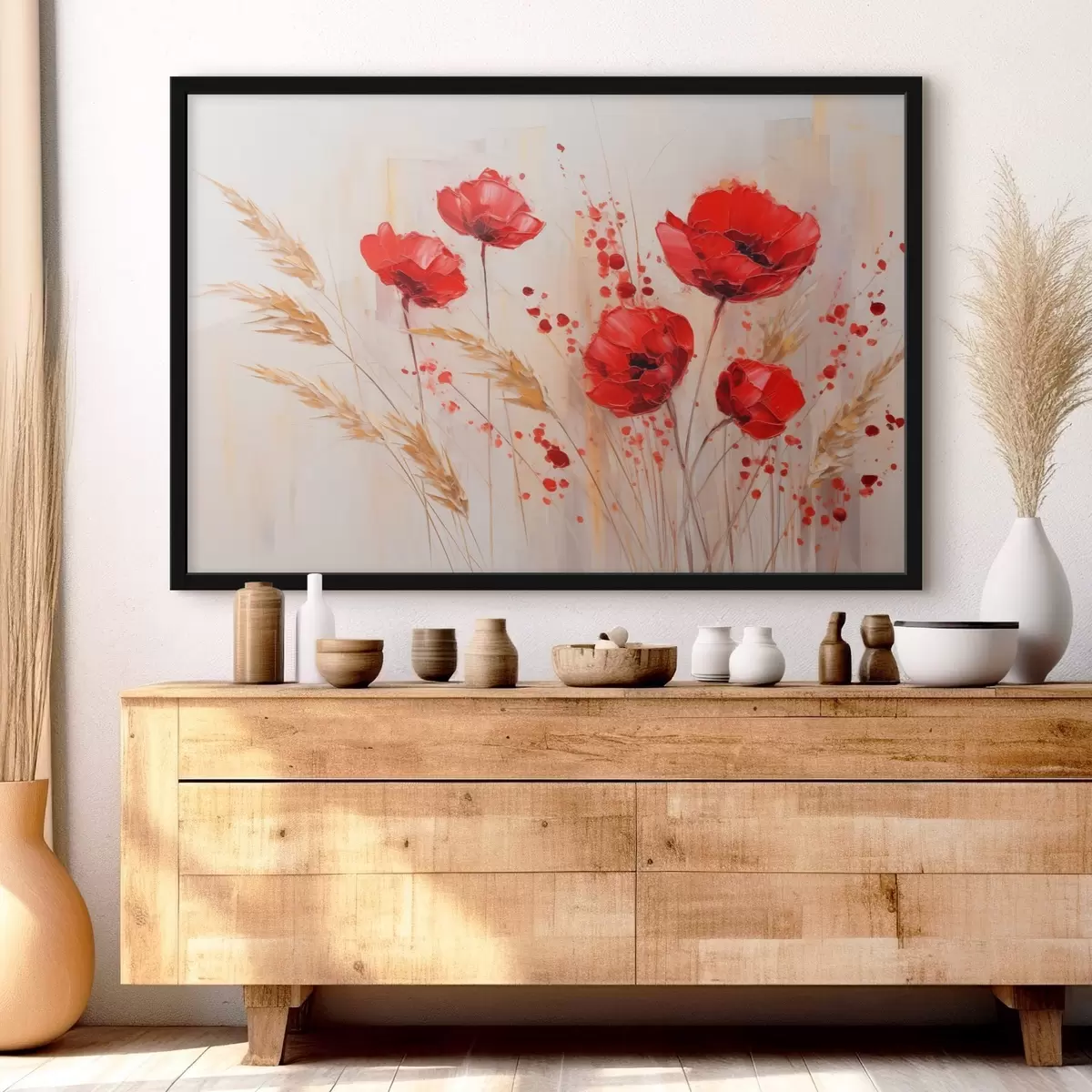Poster Flori roșii de mac cu tulpini galbene de grâu, pe un fundal moale, neutru, cu stropi de vopsea roșie f44926