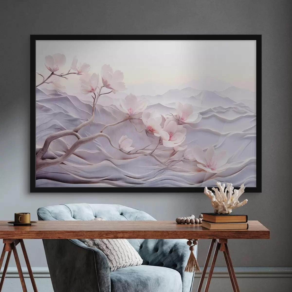 Poster Blossom ramură cu flori roz, munți în fundal, culori pastelate moi, arta japoneză texturate f44930