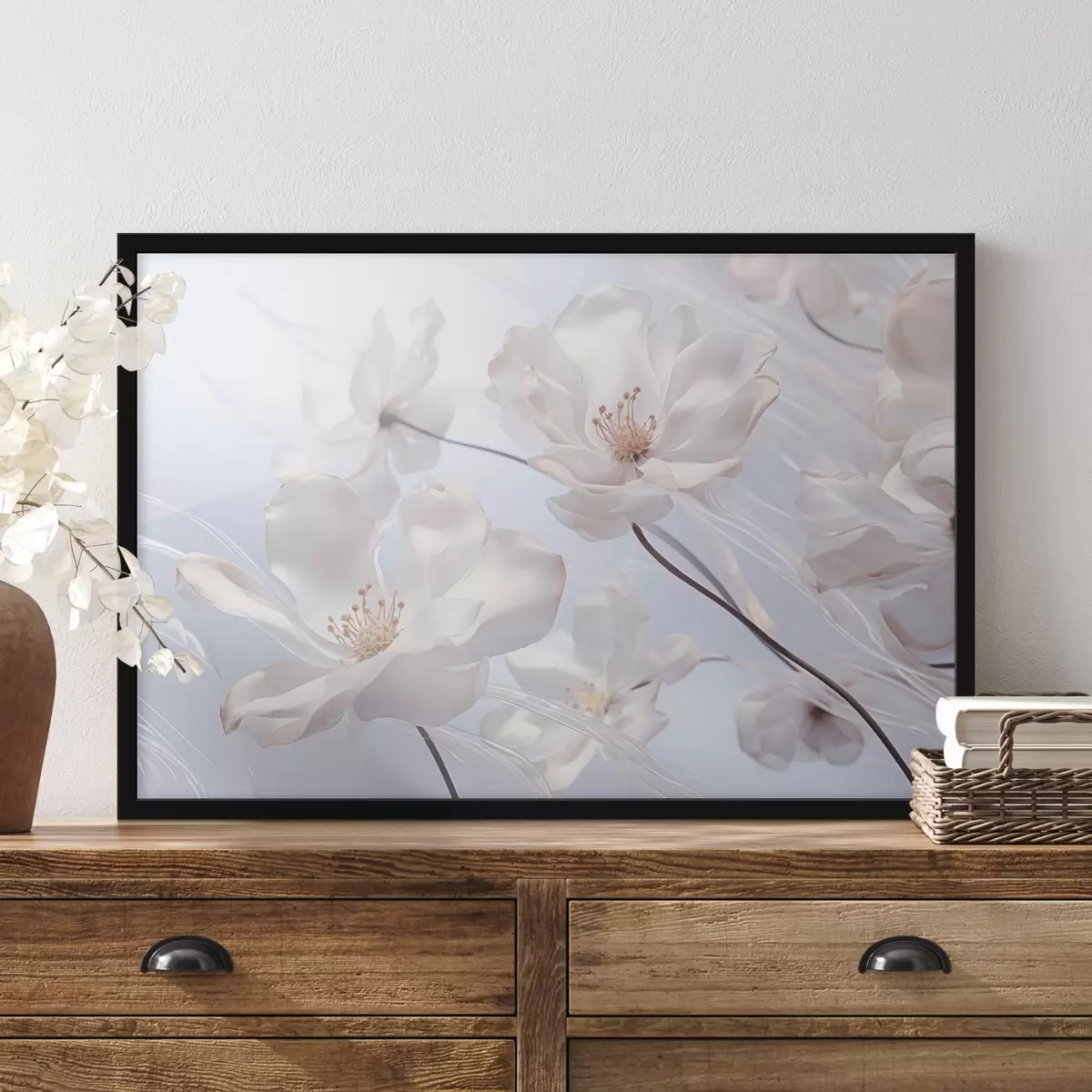 Poster Flori albe cu petale translucide, fundal albastru deschis moale, elegant, romantic, delicat, visător f44931