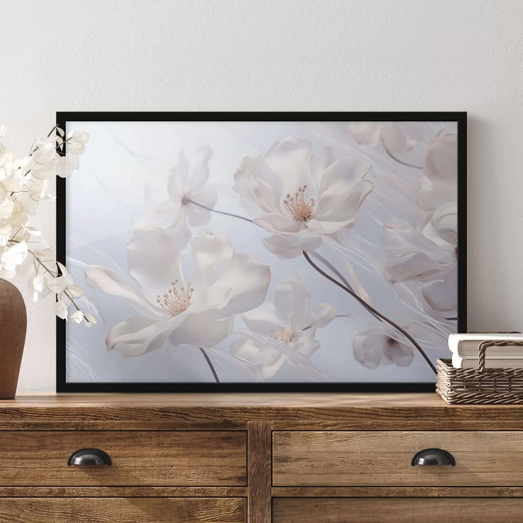 fototapet Flori albe cu petale translucide, fundal albastru deschis moale, elegant, romantic, delicat, visător f44931