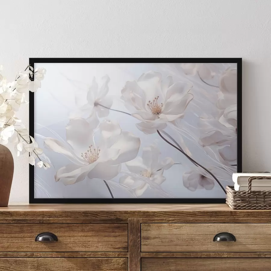 fototapet Flori albe cu petale translucide, fundal albastru deschis moale, elegant, romantic, delicat, visător f44931