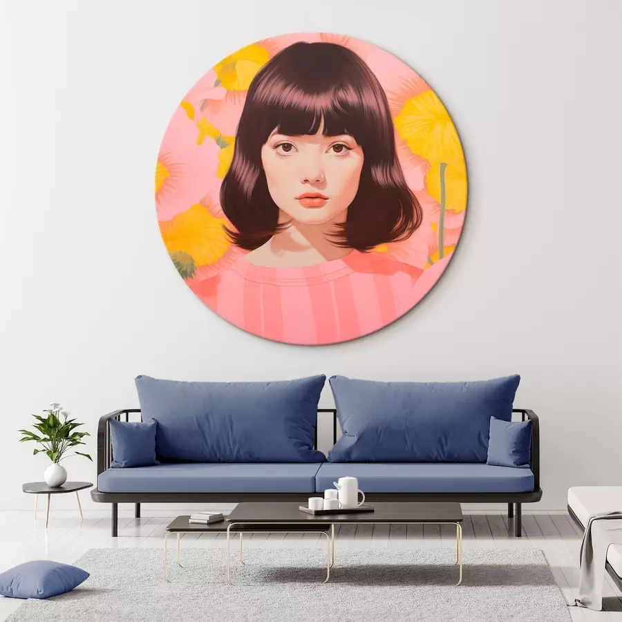 Tablouri Un portret minimalist decorativ al unei fete asiatice într-un câmp de flori galbene și roz r44924