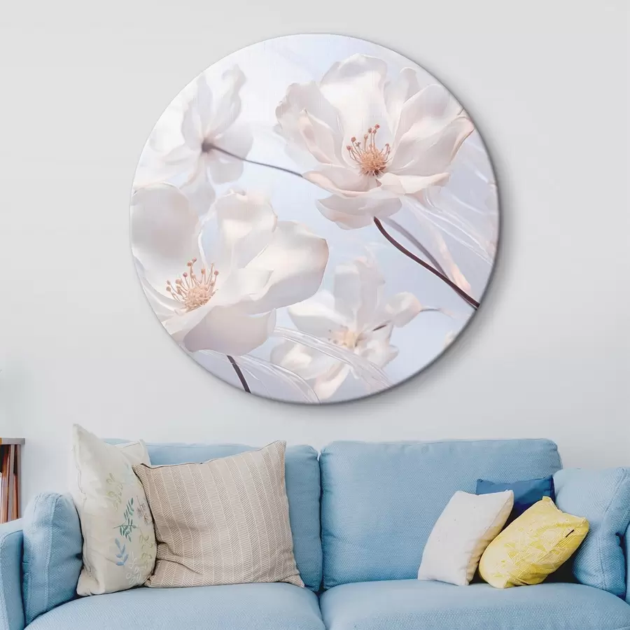 Tablouri Flori albe cu petale translucide, fundal albastru deschis moale, elegant, romantic, delicat, visător r44931