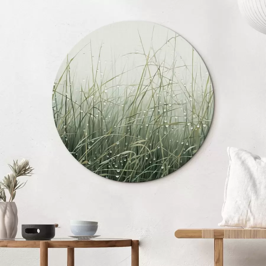 Tablouri Iarbă cu picături de apă, nuanțe verzi, lumină moale, fundal cețos, stil abstract minimalist texturat r44932