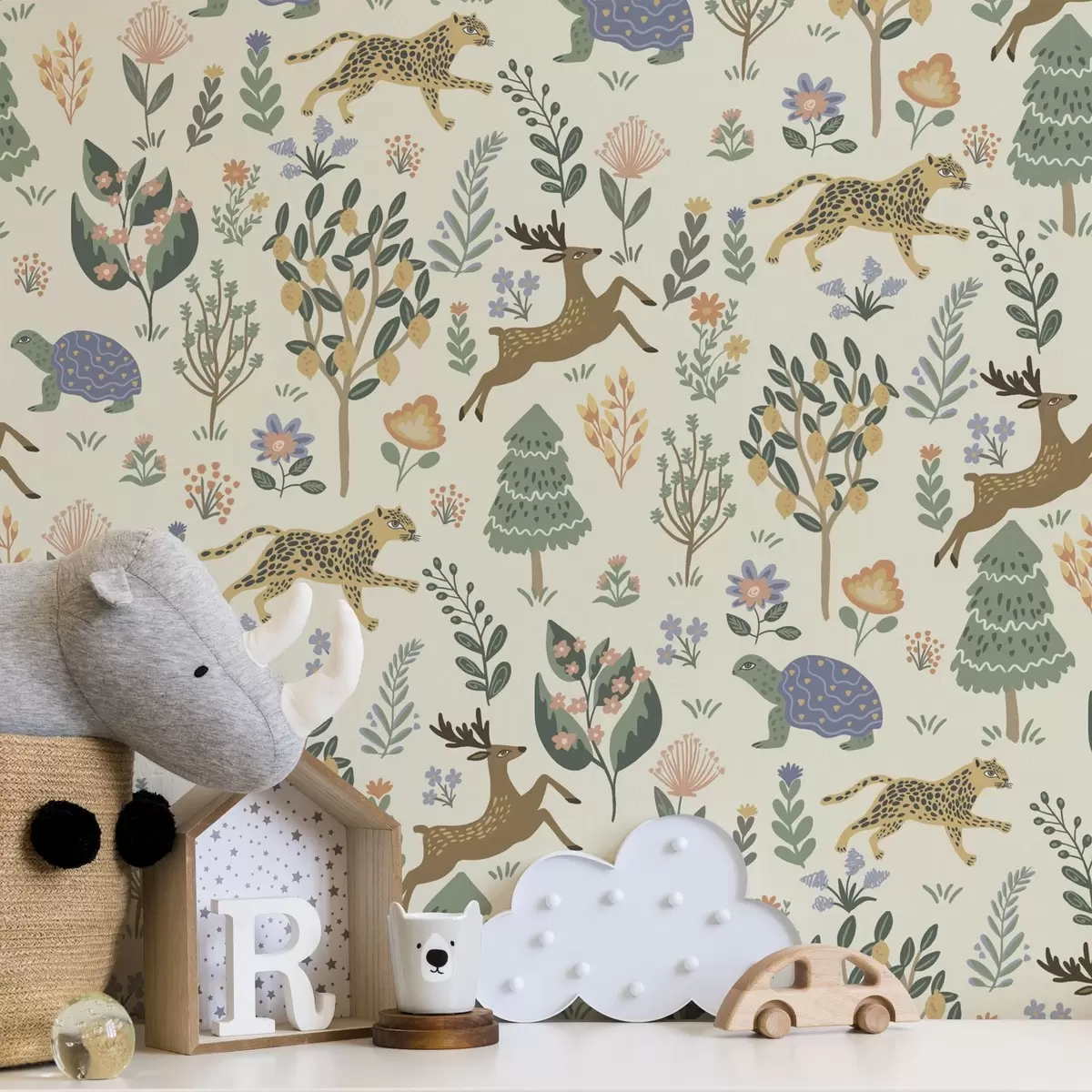 Wallpaper Ilustrație retro cu leoparzi, copaci și căprioare a00184