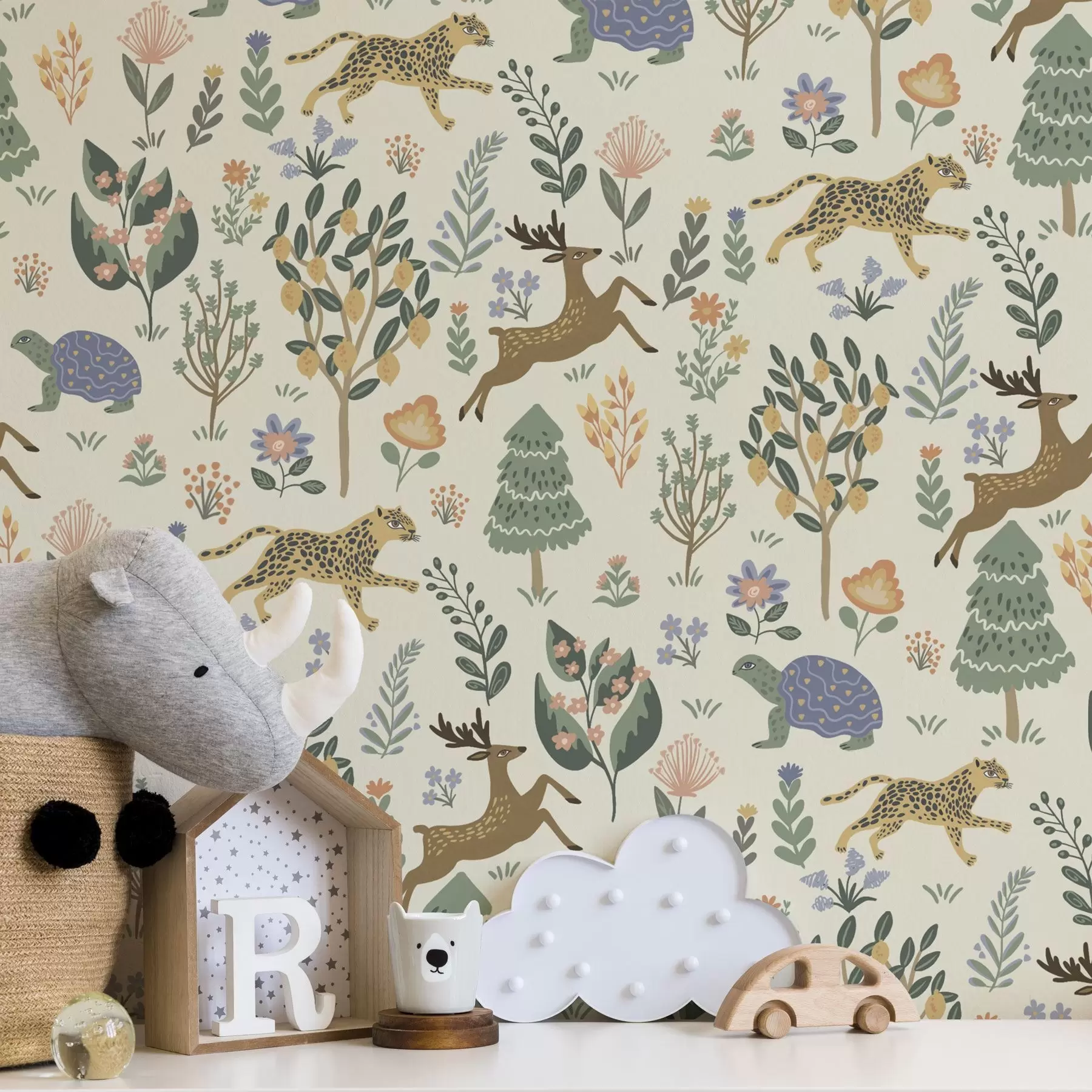 fototapet Ilustrație retro cu leoparzi, copaci și căprioare a00184