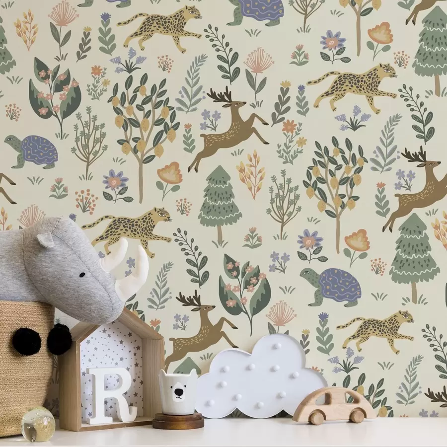 fototapet Ilustrație retro cu leoparzi, copaci și căprioare a00184