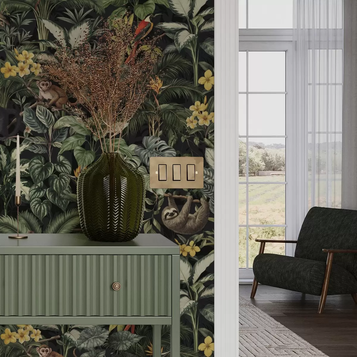 Wallpaper Junglă tropicală cu maimuțe, păsări și frunziș dens a00191