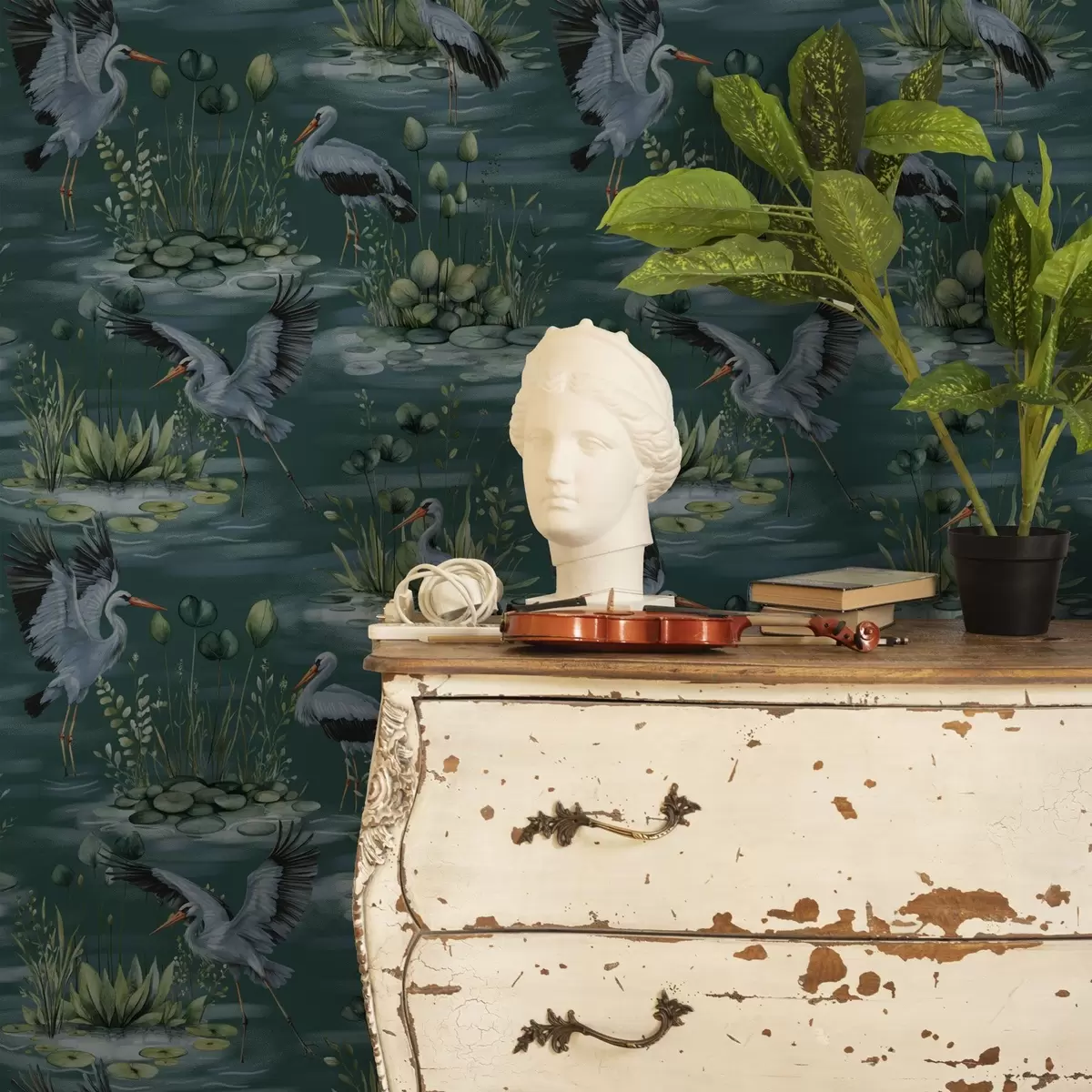 Wallpaper Scene cu heroni pe fundalul iazurilor și nuferilor a00202