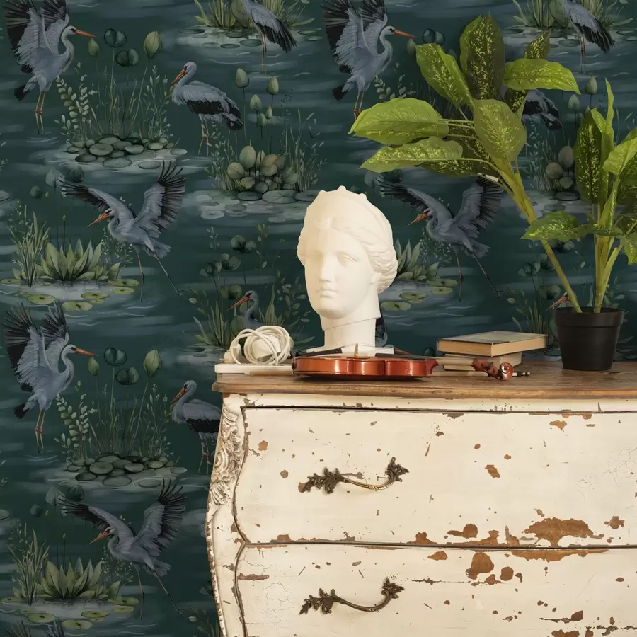 fototapet Scene cu heroni pe fundalul iazurilor și nuferilor a00202